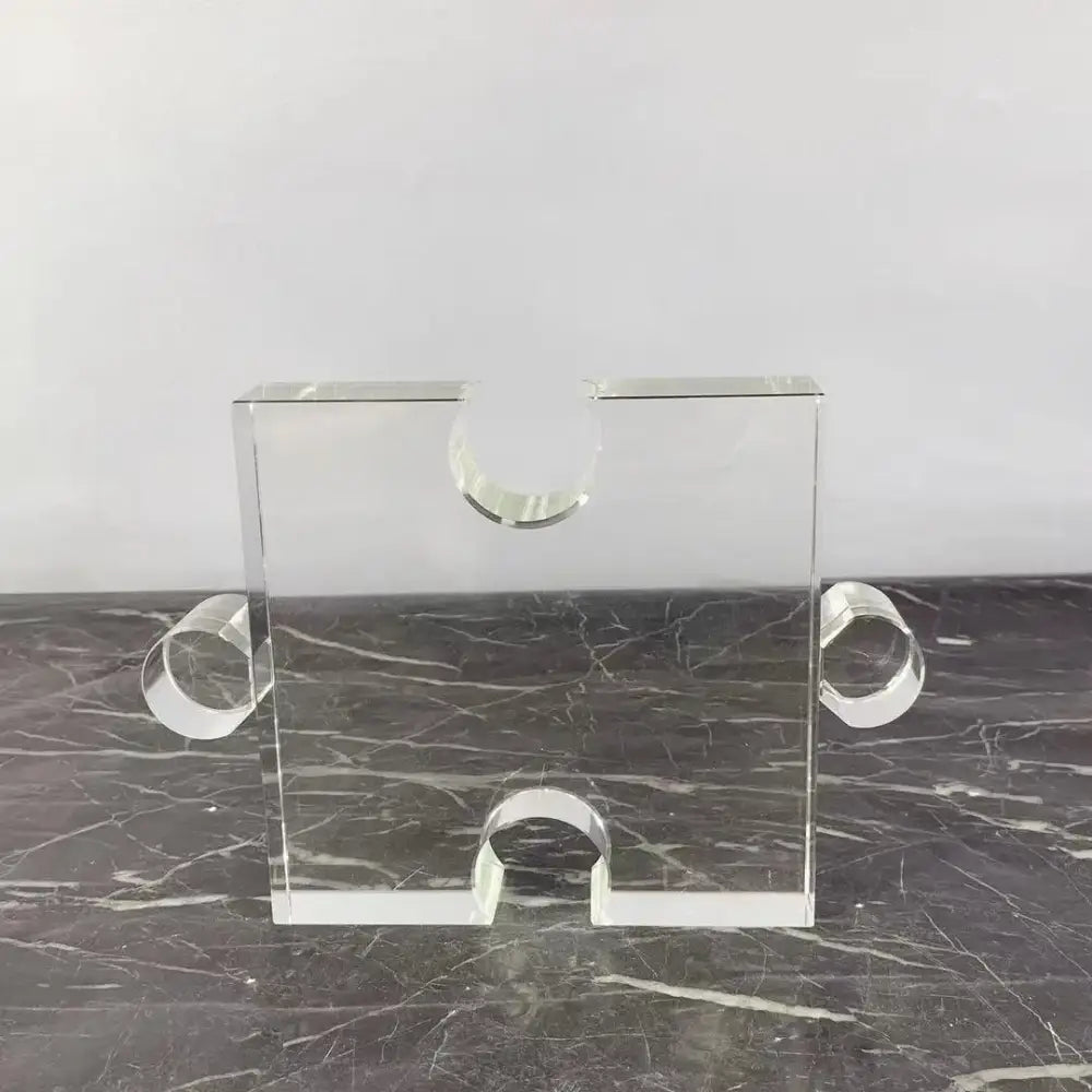 Modern clear acrylic crystal geometric puzzle bookends with polished edges and integrated handles for living room decorbites crystal geometric