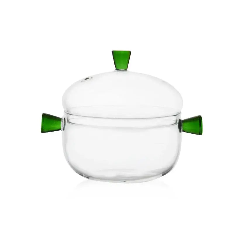 Modern clear and green glass bowl set featuring a clear glass sugar bowl with vibrant green handles and lid for kitchen use