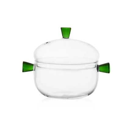 Modern clear and green glass bowl set featuring a clear glass sugar bowl with vibrant green handles and lid for kitchen use