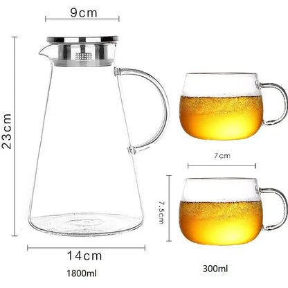 Modern clear borosilicate glass pitcher with stainless steel lid and strainer with two matching glass mugs