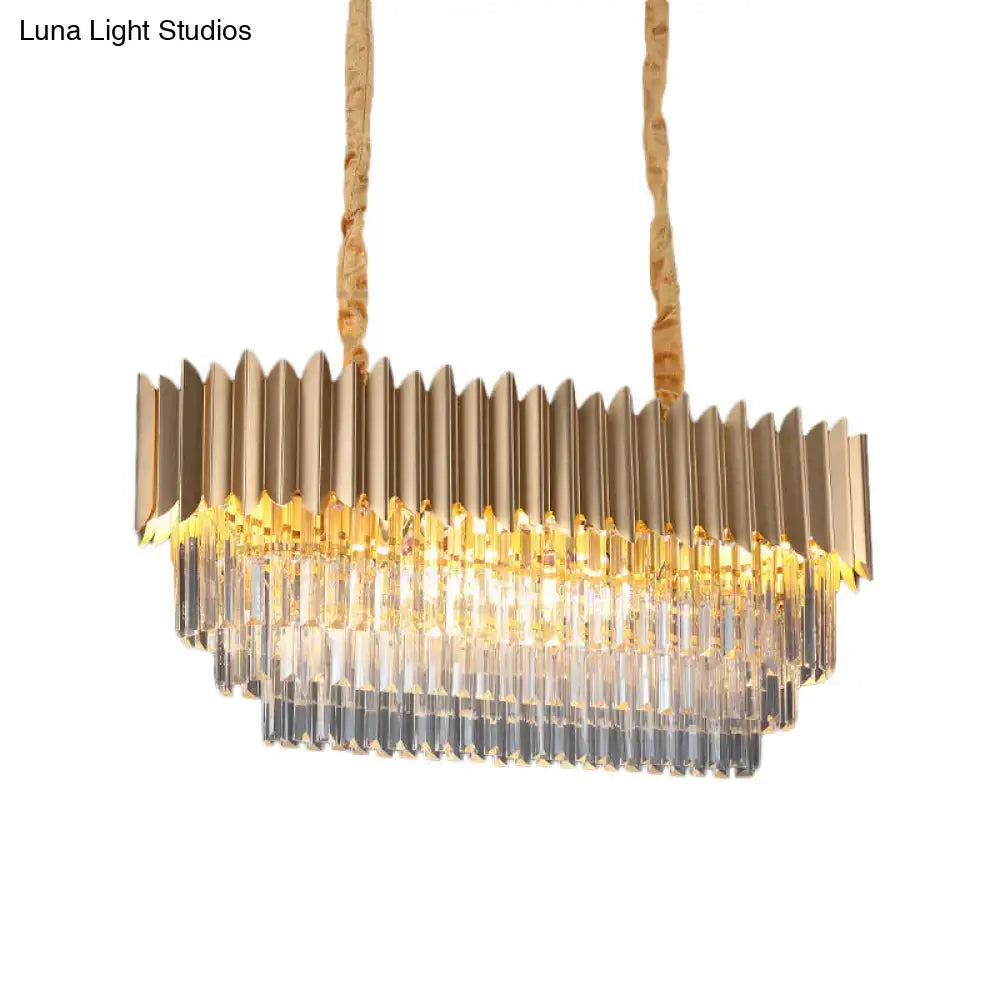 Gold-toned DecorBites modern crystal prism pendant lamp with layered faceted crystals and textured cords in gold finish