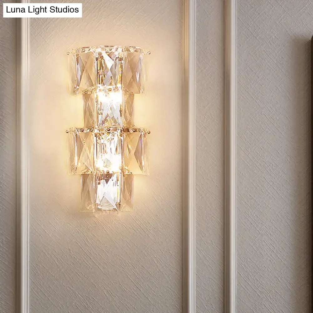 Modern clear crystal wall lamp with tiered faceted crystals and warm glow chrome sconce lamp kit for bedroom use