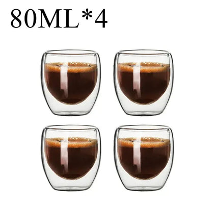 Set of four clear double wall borosilicate glass espresso cups 80ml for modern kitchen use