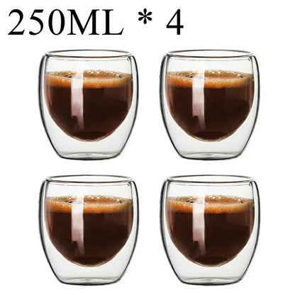 Set of four clear double wall borosilicate glass coffee cups each holding 250ml for modern kitchen use