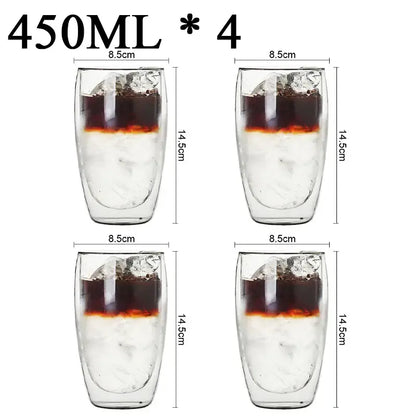Clear double wall borosilicate glass tumblers 450ml filled with ice and layered coffee for modern espresso use