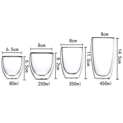 Set of four clear double wall borosilicate glass espresso cups with sleek design and precise capacity measurements