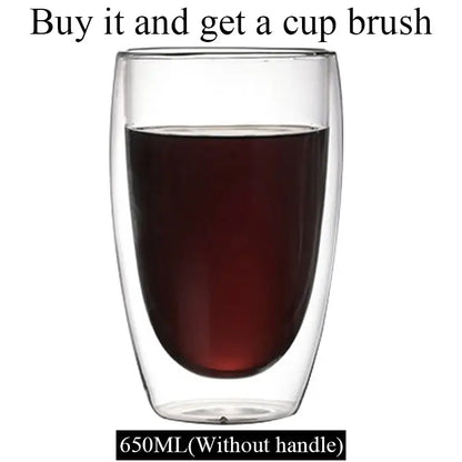 Modern clear double wall borosilicate glass mug filled with dark liquid for kitchen coffee use
