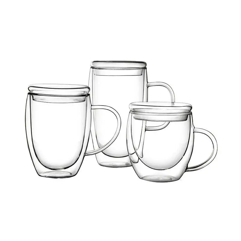 Set of three clear double wall glass mugs with bamboo lids and handles modern double wall tumbler set for dining room