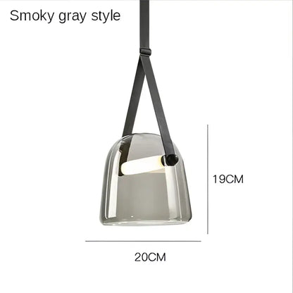 Modern clear smoky gray glass pendant light fixture with black leather straps for kitchen lighting