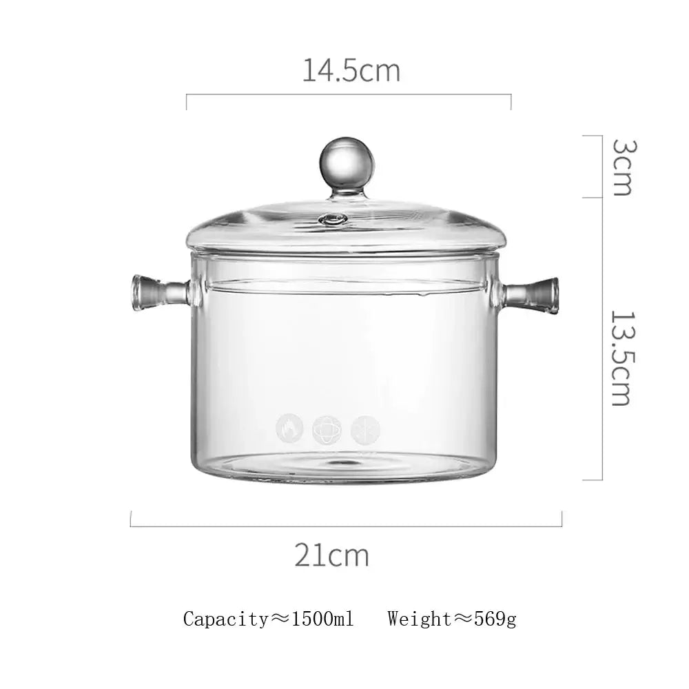 Modern clear glass cooking pot with silver handles and matching lid featuring a rounded knob for glass cooking use