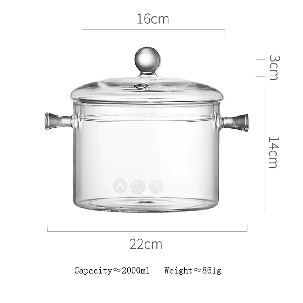 Modern clear glass cooking pot with silver handles and lid knob ideal for boiling water and glass cooking