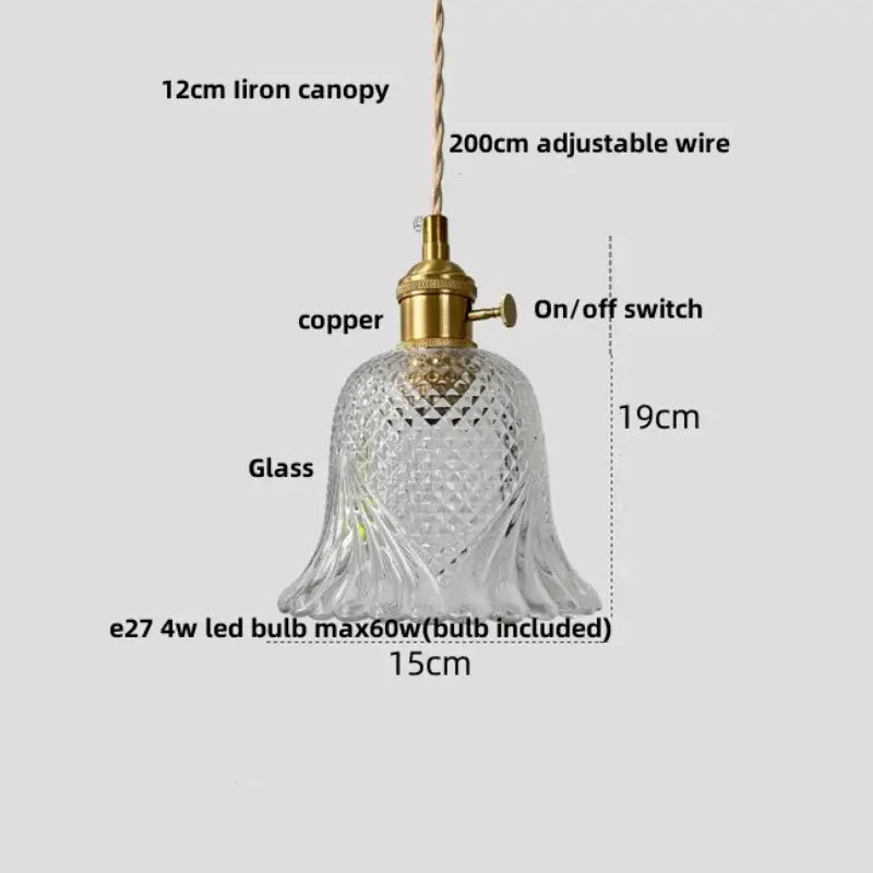 Modern clear glass copper pendant light with intricately cut glass bell shade and brass fixture for kitchen decorbites clear glass
