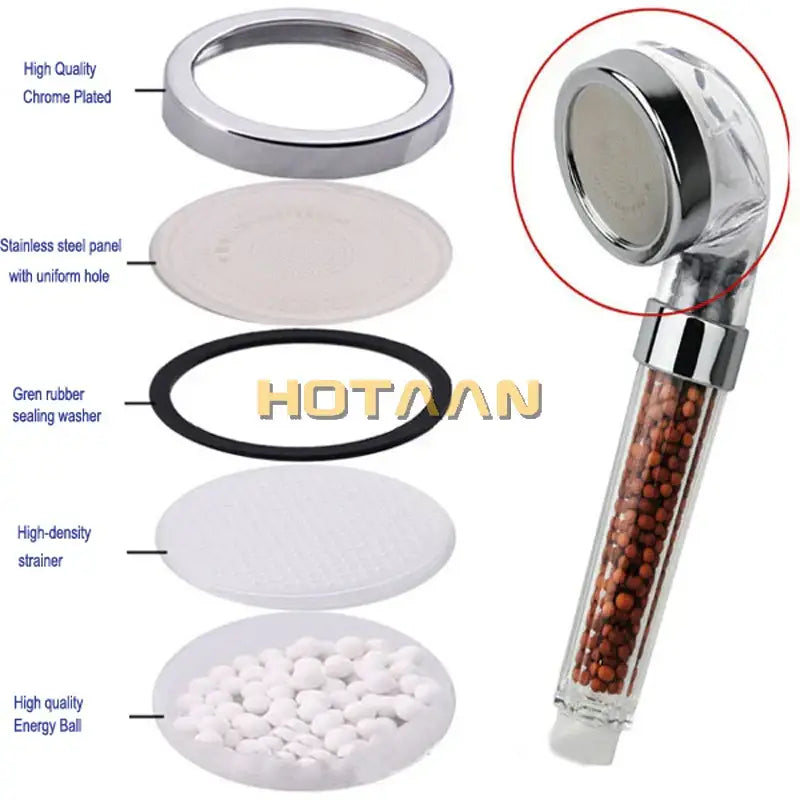 Modern clear glass crystal anion handheld shower head with chrome accents and brown spherical filter beads for decorbites crystal anion filtering