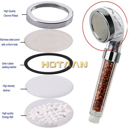 Modern clear glass crystal anion handheld shower head with chrome accents and brown spherical filter beads for decorbites crystal anion filtering