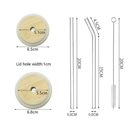 Set of clear glass cups with bamboo lids and a metal brush for cleaning by decorbites glass cup collection
