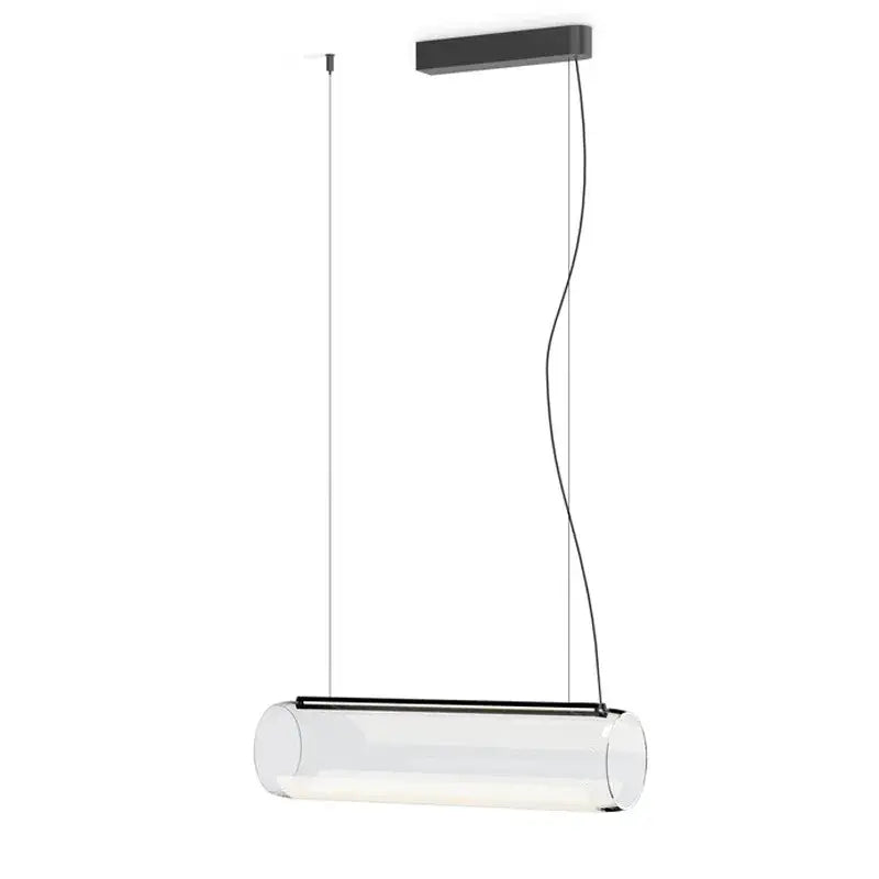 Modern clear glass cylinder pendant light with black metal frame and ceiling mount for warm dining room LED lighting