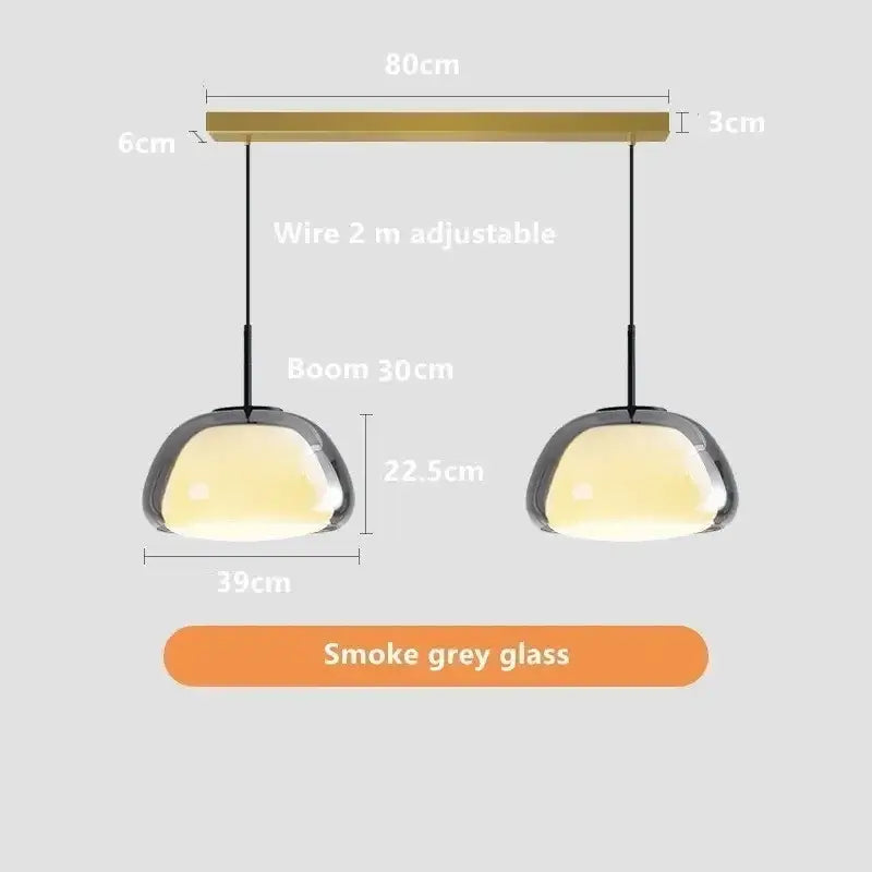 Modern jelly pendant lamp with smoke grey glass shades and brass horizontal bar for living room and dining room