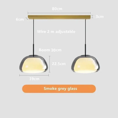Modern jelly pendant lamp with smoke grey glass shades and brass horizontal bar for living room and dining room