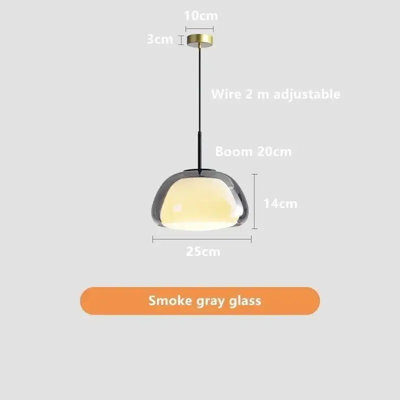 Modern jelly pendant lamp with sleek smoke gray glass shade and brass ceiling mount for living room and dining room