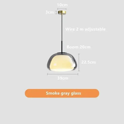 Modern jelly pendant lamp with sleek smoke gray glass shade and brass ceiling mount for living room or dining room