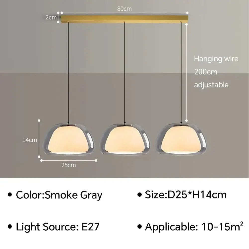 Smoke gray three-light jelly pendant lamp with clear glass shades and adjustable hanging wire for living and dining rooms