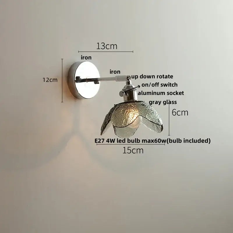 Modern clear glass led wall lamp with polished iron base and gray textured shade for bedroom decorbites clear glass style