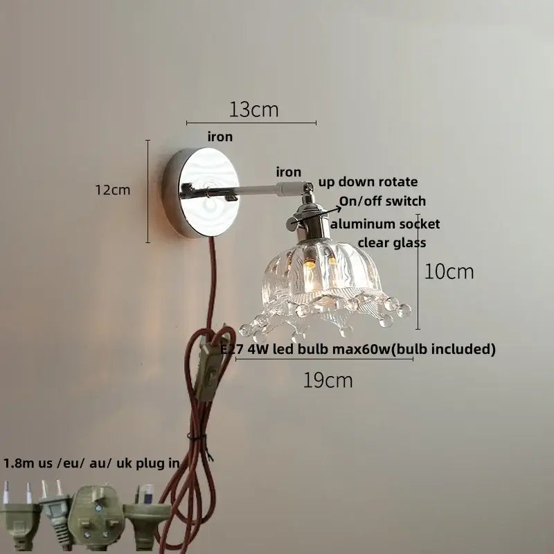 Modern clear glass wall lamp with chrome iron arm and adjustable aluminum socket for bedroom decorbites clear glass lighting