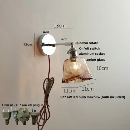 Modern clear glass wall lamp with polished iron base and amber glass shade perfect for bedroom decorbites clear glass