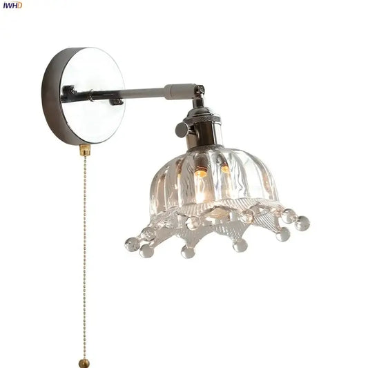 Modern clear glass led wall lamp with fluted crown-like lampshade and dangling crystal beads by decorbites clear glass