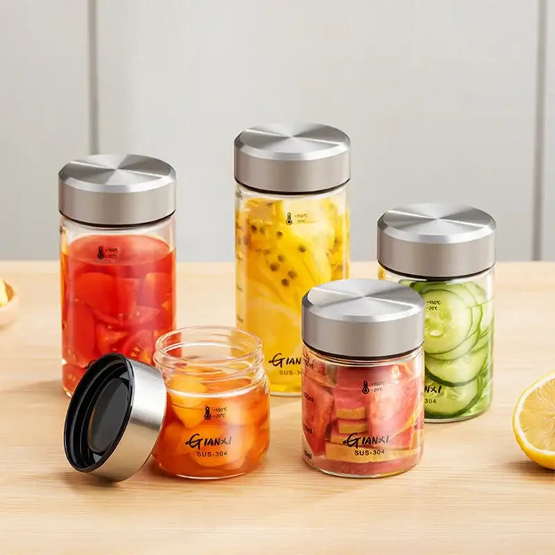 Modern clear glass sealed jug kitchen storage jars with silver stainless steel lids filled with colorful sliced fruits and vegetables