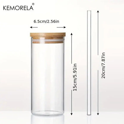 Clear glass tumbler cup with bamboo lid and straw branded kemorela in a modern 4-piece kitchen set