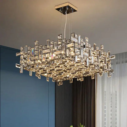 A modern clear and gold elegant crystal chandelier with layered geometric prisms for living room decorbites elegant crystal