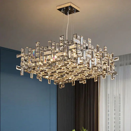 A modern clear and gold elegant crystal chandelier with layered geometric prisms for living room decorbites elegant crystal
