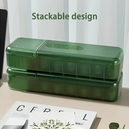 Stackable green plastic pill organizer with segmented compartments paired with modern clear gray decorbites cable box desk organizer