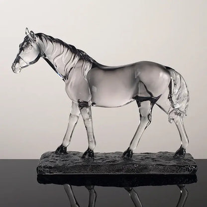 Modern clear horse resin sculpture featuring a transparent glass horse with black accents on a dark base for decorbites clear horse decor