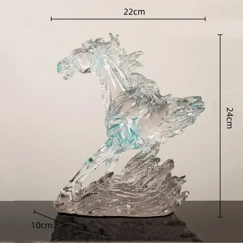 Modern clear horse resin sculpture in translucent blue and clear glass with black accents for living room decorbites decor