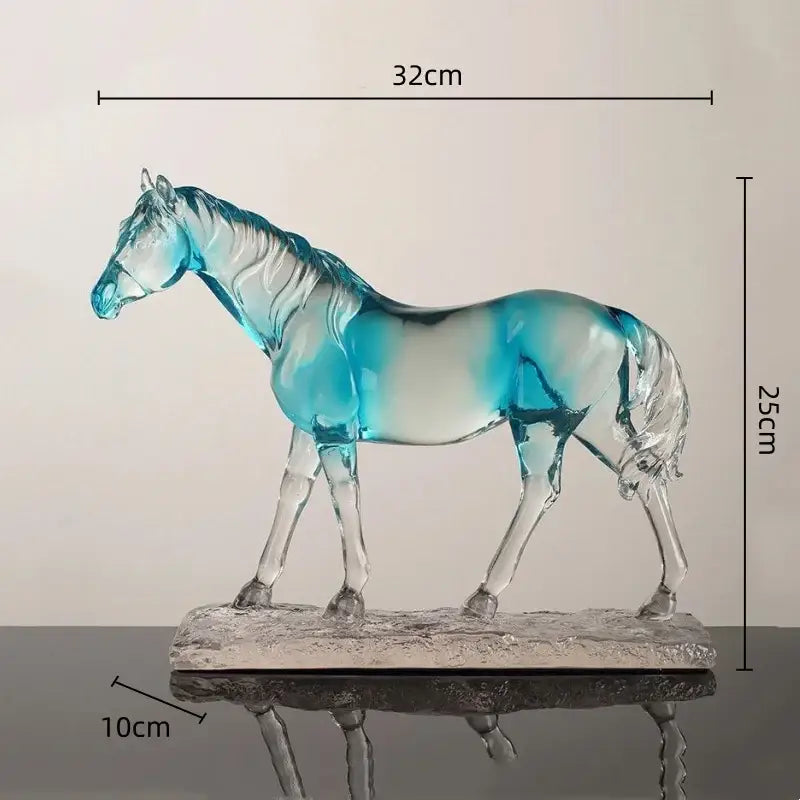 Translucent blue clear horse resin sculpture with black accents on textured base for modern living room decorbites decor