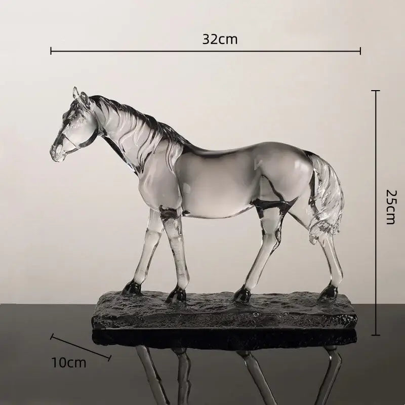 Translucent gray clear horse resin sculpture with black accents standing on dark base for modern living room decorbites decor