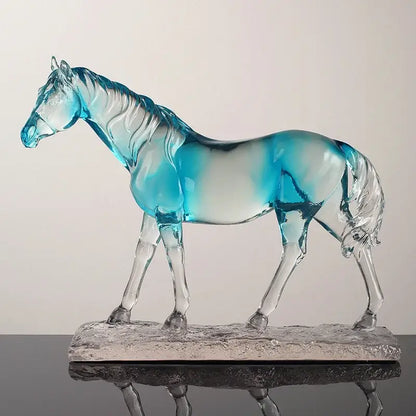 Modern clear horse resin sculpture in translucent blue with clear legs and black accents for living room decorbites decor