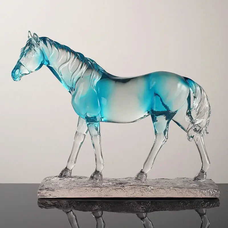 Modern clear horse resin sculpture in translucent blue with clear legs and black accents for living room decorbites decor