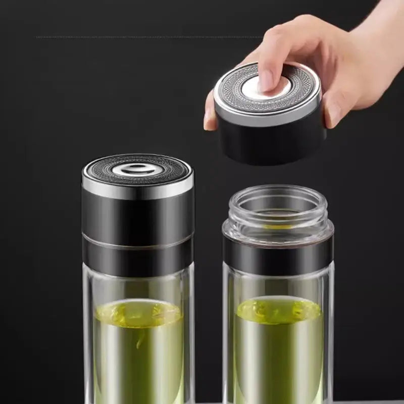 Modern clear insulated glass cup with black and silver decorbites insulated glass dual-wall travel tumbler and magnetic lid