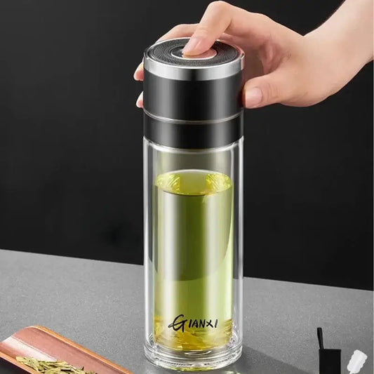 Modern clear insulated glass cup with black and silver lid and gianxi brand etching on the base glass cup decorbites insulated glass