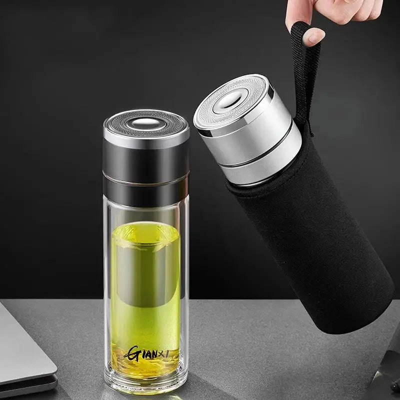 Modern clear insulated glass cup with black and silver lid featuring integrated speaker design by decorbites insulated glass
