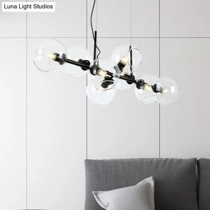 Modern black metal chandelier with clear smoke glass globe shades eight bulb lighting fixture for dining room