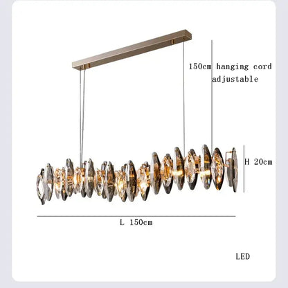 Modern clear and smoky decorbites crystal led chandelier with faceted discs and sleek metallic bar for living room decor