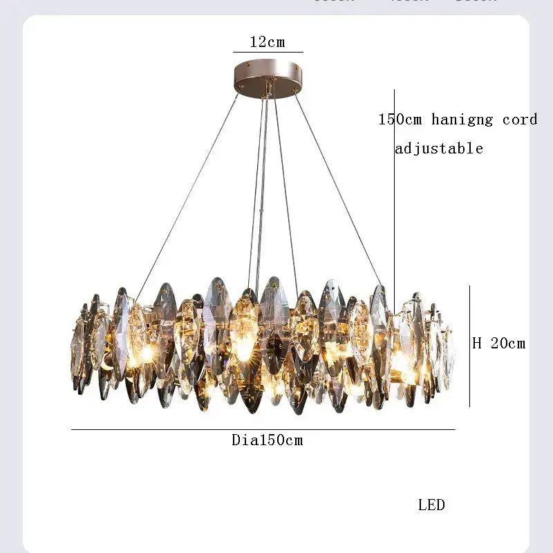 A modern clear and smoky decorbites crystal led chandelier with faceted glass pieces refracting warm light for living room decor