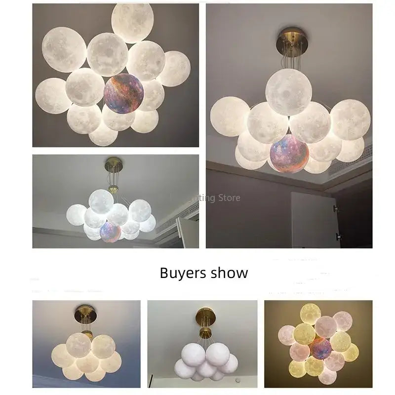 Modern cloud bubble ball pendant chandelier for children room with translucent moon-themed shades and galaxy orb decorbites bubble ball