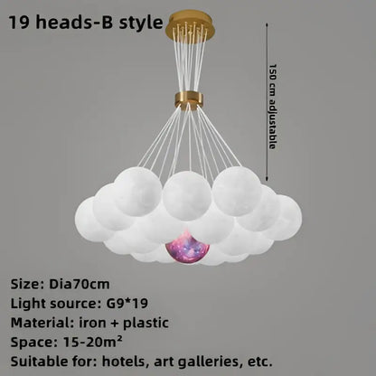 Modern cloud bubble ball pendant chandelier with 19 white bulbs on gold iron frame adjustable up to 150 cm for children room decor