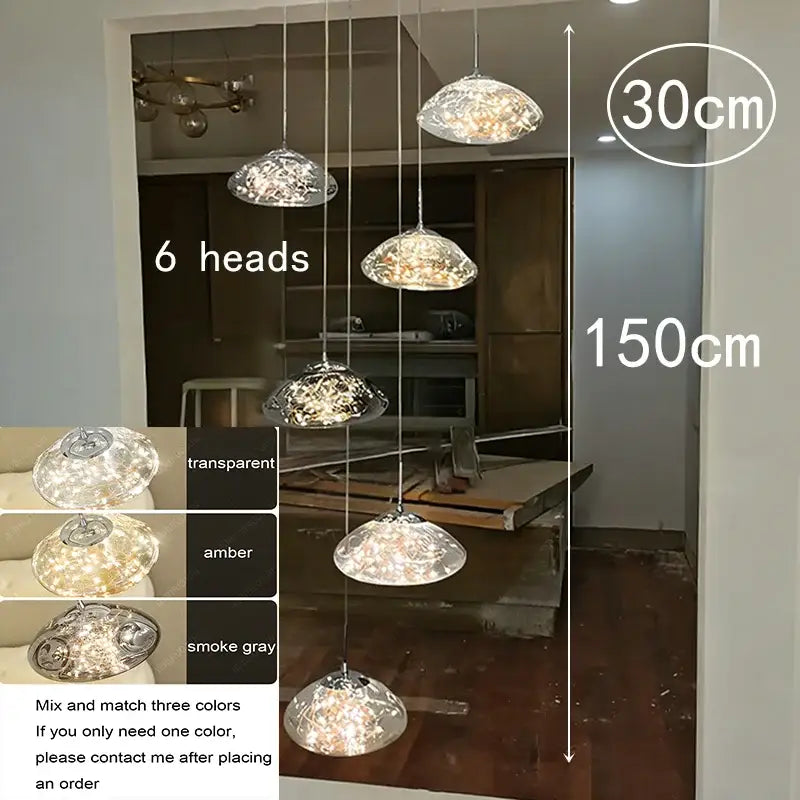 Modern cloud glass crystal pendant chandelier with six transparent, amber, and smoke gray shades for dining room focal point