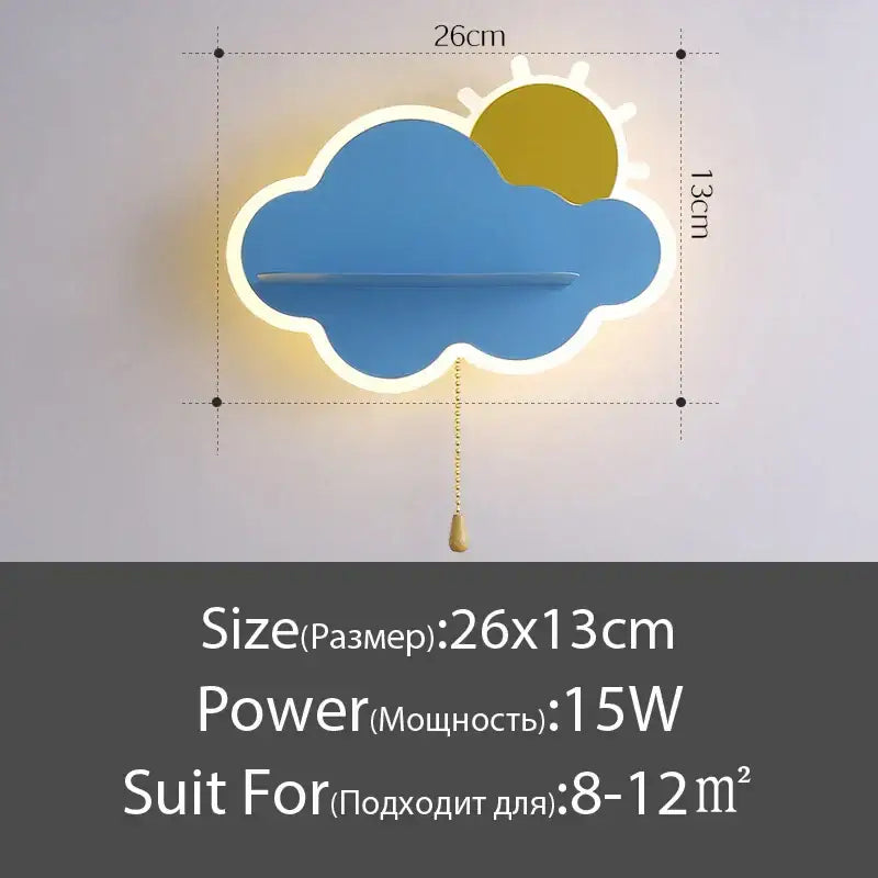 Modern blue cloud wall lamp with yellow sun detail illuminated edges and gold pull chain for childrens bedroom decorbites cloud wall